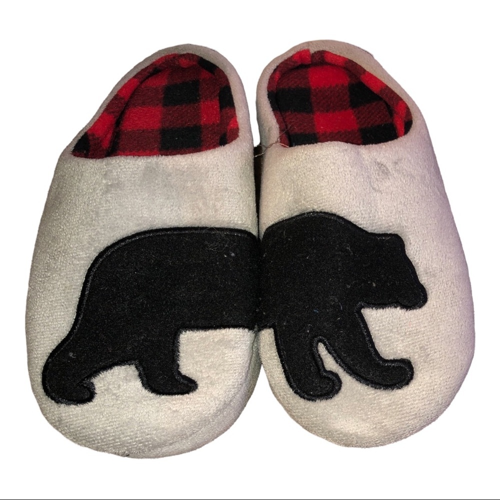 Black bear gray knit red holiday‎ plaid lined cozy house slippers youth size 4-5